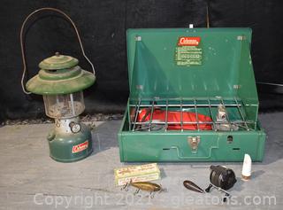 Coleman Camping Stove 425 E / Coleman Lantern / Fishing Reel / Call and A Lure